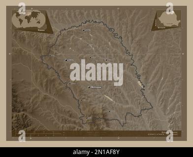 Botosani, Kreis Rumänien. Höhenplan in Sepia-Tönen mit Seen und Flüssen. Standorte und Namen der wichtigsten Städte der Region. Ecke Zusatzgeräte Stockfoto