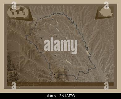 Botosani, Kreis Rumänien. Höhenplan in Sepia-Tönen mit Seen und Flüssen. Standorte der wichtigsten Städte der Region. Ecke Zusatzanschluss Stockfoto