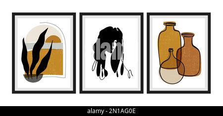 Moderne Kunstdrucke aus der Mitte des Jahrhunderts, 3-Set. Kunstwerke an der Galeriewand. Einrichtung im Boho-Stil. Stock Vektor