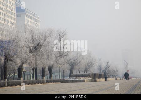 Jilin, Jilin, China. 6. Februar 2023. Am 6. Februar 2023, dem dritten Tag nach Frühling, wurde Jilin City, Provinz Jilin, Zeuge eines seltenen Naturschauspiels mit starkem Nebel, Schneeflocken, Reif und Sonnenaufgang. Gegen 9 Uhr morgens erschien plötzlich ein dichter Nebel mit einer Sicht von weniger als 50 Metern in der Stadt entlang des Songhua Flusses. Menschen, Autos und Gebäude waren vom Nebel umhüllt, der von Zeit zu Zeit verschwand und erst um mehr als 11 Uhr verschwand. Morgens schweben noch Schneeflocken am Himmel. Der Gürtel war mit Silber bedeckt, A Stockfoto