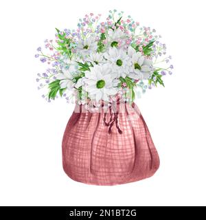 Handgezeichneter, wässriger Blumenstrauß aus weißem Chrysanthemum und anderen Blüten im Leinensack. Ein kleiner Teil der großen BLUME Stockfoto