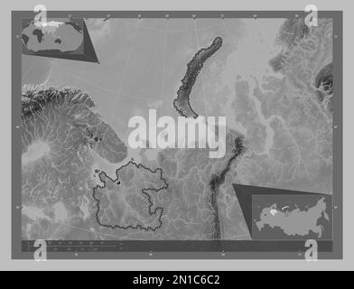 Archangel'sk, Region Russlands. Grauskala-Höhenkarte mit Seen und Flüssen. Eckkarten für zusätzliche Standorte Stockfoto