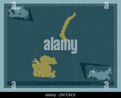 Archangel'sk, Region Russlands. Durchgehende Farbform. Standorte und Namen der wichtigsten Städte der Region. Eckkarten für zusätzliche Standorte Stockfoto