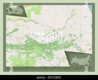 Tschetschenien, republik Russland. Straßenkarte Öffnen. Standorte der wichtigsten Städte der Region. Eckkarten für zusätzliche Standorte Stockfoto