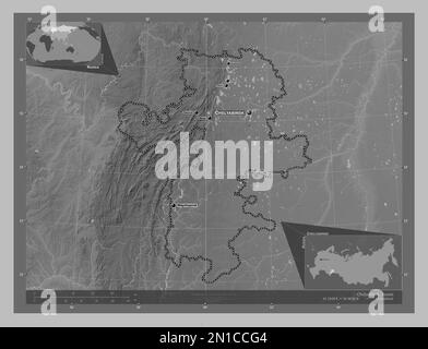 Tscheljabinsk, Region Russlands. Grauskala-Höhenkarte mit Seen und Flüssen. Standorte und Namen der wichtigsten Städte der Region. Ecke Zusatzanschluss Stockfoto