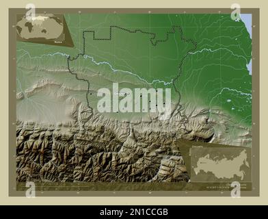 Tschetschenien, republik Russland. Höhenkarte im Wiki-Stil mit Seen und Flüssen. Standorte und Namen der wichtigsten Städte der Region. Ecke Zusatzgeräte Stockfoto