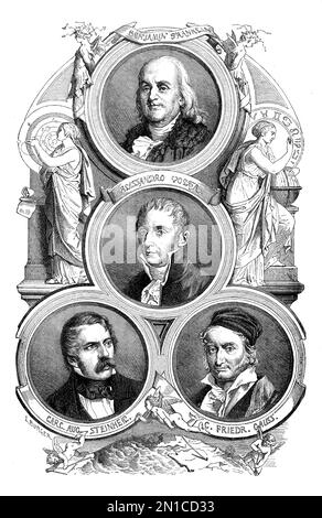 Kapitel über Wissenschaft und Technik mit Porträts von Benjamin Franklin, Alessandro Volta, Carl Friedrich Gauss und Carl Augus Stockfoto