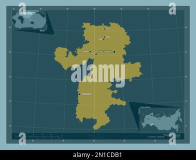 Tscheljabinsk, Region Russlands. Durchgehende Farbform. Standorte und Namen der wichtigsten Städte der Region. Eckkarten für zusätzliche Standorte Stockfoto