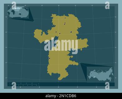 Tscheljabinsk, Region Russlands. Durchgehende Farbform. Standorte der wichtigsten Städte der Region. Eckkarten für zusätzliche Standorte Stockfoto