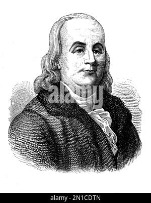 Benjamin Franklin (1706 - 1790) amerikanischer Schriftsteller, Wissenschaftler, Erfinder, Staatsmann, Diplomat, Drucker, Verleger, Politiker, Philosoph und einer der Stockfoto