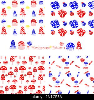 Nahtloses Pilzmuster in blau-rot-gelben Farben, geeignet für den Einsatz auf Papier und auf Stoff Stock Vektor