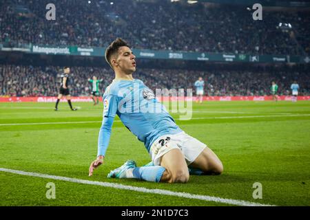 Gabri Veiga von RC Celta de Vigo feiert am 4. Februar 2023 im Stadion Benito Villamarin in Sevilla, Spanien, ein Tor während der spanischen Meisterschaft La Liga zwischen Real Betis und RC Celta de Vigo – Foto: Joaquin Corchero/DPPI/LiveMedia Stockfoto