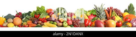 Sammlung von frischem Bio-Gemüse und Obst auf weißem Hintergrund. Bannerdesign Stockfoto