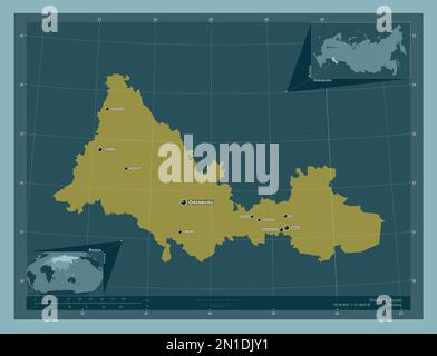Orenburg, Region Russland. Durchgehende Farbform. Standorte und Namen der wichtigsten Städte der Region. Eckkarten für zusätzliche Standorte Stockfoto