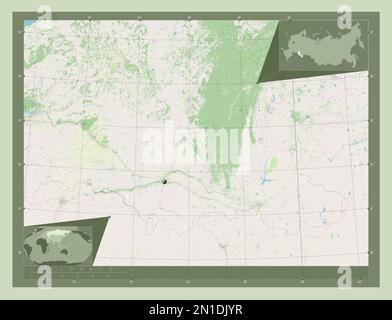 Orenburg, Region Russland. Straßenkarte Öffnen. Eckkarten für zusätzliche Standorte Stockfoto