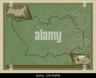 Penza, Region Russlands. Höhenkarte im Wiki-Stil mit Seen und Flüssen. Standorte und Namen der wichtigsten Städte der Region. Ecke zusatzgeräte Stockfoto