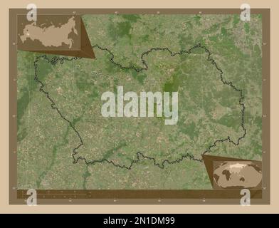 Penza, Region Russlands. Satellitenkarte mit niedriger Auflösung. Eckkarten für zusätzliche Standorte Stockfoto