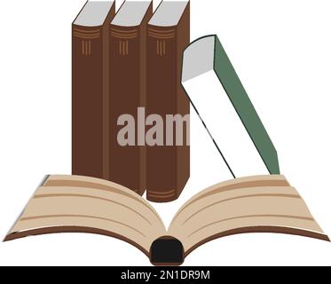 Illustration von Büchern und Stand, ein Haufen von Lehrbüchern für den Unterricht. Sammlung von Literatur, Wörterbuch, Enzyklopädie, Planer mit Lesezeichen. Die Konz Stock Vektor