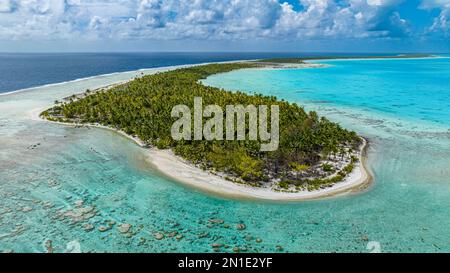 Luftlinie eines weißen Korallenstrands, Anaa-Atoll, Tuamotu-Archipel, Französisch-Polynesien, Südpazifik, Pazifik Stockfoto