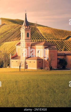 Kirche und Glockenturm bei Sonnenuntergang mit Weinbergen in Herbstfarben im Hintergrund, Emilia Romagna, Italien, Europa Stockfoto