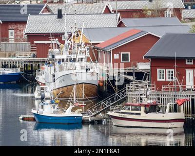 Ein Blick auf die Stadt reine, ein Fischerdorf auf Moskenesoya in den Lofoten-Inseln, Norwegen, Skandinavien, Europa Stockfoto