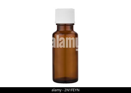 Leere braune Arzneimittelflasche aus Glas, isoliert auf weißem Hintergrund Stockfoto