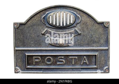 Alter italienischer Mailslot mit traditionellem Siegel von Posta - Post isoliert auf weißem Hintergrund Stockfoto