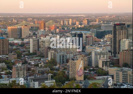 Blick auf die Skyline von Montreal vom Mont Royal Park im Herbst bei Sonnenuntergang, Montreal, Quebec, Kanada, Nordamerika Stockfoto