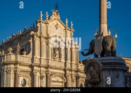 Blick auf den Duomo di Sant'Agata und den Elefantenbrunnen, Piazza Duomo, Catania, Sizilien, Italien, Mittelmeerraum, Europa Stockfoto