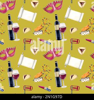 Handgezeichnetes, nahtloses Aquarell-Muster für Purim auf grüngelbem Hintergrund: Maske, Rotwein, Klapperschlange, Partyknacker, Hamantaschen Stockfoto