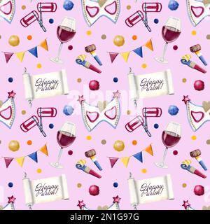 Happy Purim Karneval Party nahtloses Muster. Wasserfarbener Hintergrund mit Maske, Schriftrolle, Glas Wein, Flaggen auf hellrosa. Stockfoto