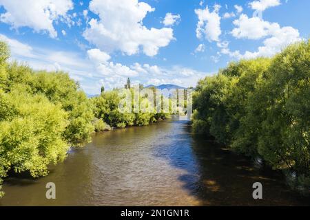 Landschaft im Sommer rund um den Kiewa River an der Keegans Bridge und Streamside Reserve im Ovens Valley in der Nähe des Mt Beauty in Victoria, Australien. Stockfoto