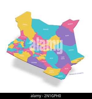 Kenia: Politische Karte der Verwaltungsabteilungen - Bezirke. Farbige 3D-Vektorkarte mit Namensbezeichnungen. Stock Vektor