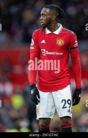 MANCHESTER, ENGLAND - 04. FEBRUAR: Aaron Wan-Bissaka während des Premier League-Spiels zwischen Manchester United und Crystal Palace im Old Trafford auf der F Stockfoto