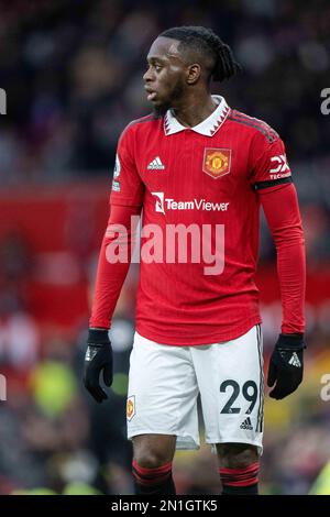 MANCHESTER, ENGLAND - 04. FEBRUAR: Aaron Wan-Bissaka während des Premier League-Spiels zwischen Manchester United und Crystal Palace im Old Trafford auf der F Stockfoto