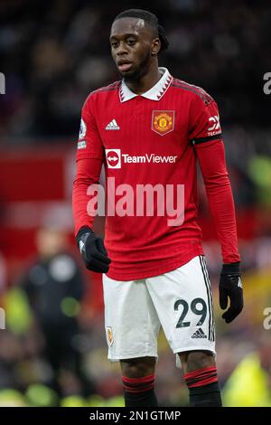 MANCHESTER, ENGLAND - 04. FEBRUAR: Aaron Wan-Bissaka während des Premier League-Spiels zwischen Manchester United und Crystal Palace im Old Trafford auf der F Stockfoto