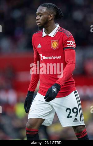 MANCHESTER, ENGLAND - 04. FEBRUAR: Aaron Wan-Bissaka während des Premier League-Spiels zwischen Manchester United und Crystal Palace im Old Trafford auf der F Stockfoto