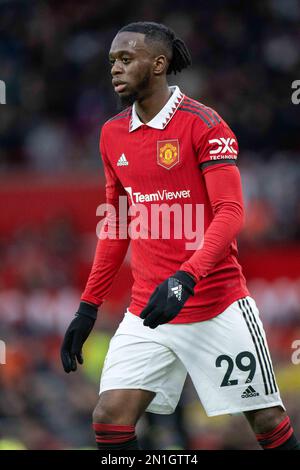 MANCHESTER, ENGLAND - 04. FEBRUAR: Aaron Wan-Bissaka während des Premier League-Spiels zwischen Manchester United und Crystal Palace im Old Trafford auf der F Stockfoto