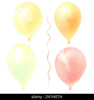 Aquarell mit pastellfarbenen Ballons, isoliert auf weißem Hintergrund. Gelbe, rote, orangefarbene Festtagselemente. Stockfoto