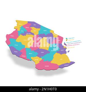 Tansania politische Karte der Verwaltungsabteilungen - Regionen. Farbige 3D-Vektorkarte mit Namensbezeichnungen. Stock Vektor