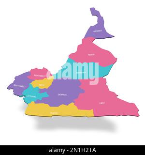 Kamerun politische Karte der Verwaltungsabteilungen - Regionen. Farbige 3D-Vektorkarte mit Namensbezeichnungen. Stock Vektor