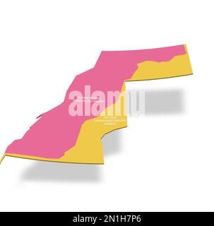 Westliche Landkarte, aufgeteilt zwischen Marokko und der Arabischen Demokratischen Republik Sahara durch die marokkanische Westsahara-Mauer. Farbige 3D-Vektorkarte mit Namensbezeichnungen. Stock Vektor