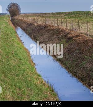 Lincolnshire - Ein gut gepflegter Wassergraben oder Abfluss am Rande eines Bauernfeldes Stockfoto