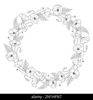 Mohnblumenkranz. Papaver. Runder Blumenrahmen. Strichgrafiken. Isoliert auf weißem Hintergrund. Ausmalseite. Handgezeichnete Vektordarstellung. Blumenetikett Stock Vektor