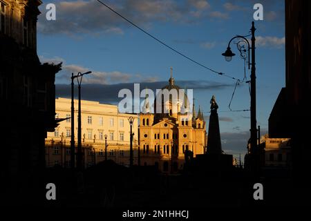 Panoramablick auf den zentralen Marktplatz von Lodz, Polen Stockfoto