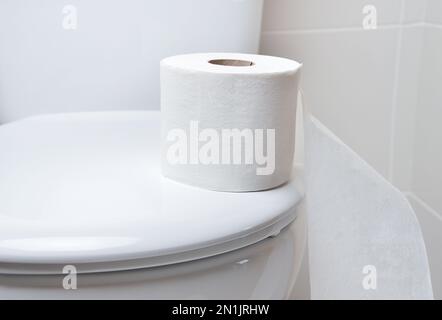 Toilettenpapier auf einer Toilette mit geschlossenem Deckel Stockfoto