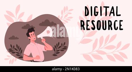 Textzeichen mit digitaler Ressource. Wort, das auf Inhalten geschrieben wurde, die digital über das Internet verteilt werden Stockfoto