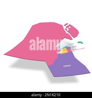 Politische Karte der Verwaltungseinheiten Kuwait - Gouverneure. Farbige 3D-Vektorkarte mit Namensbezeichnungen. Stock Vektor