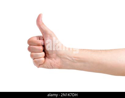 Männerhand mit Daumen nach oben isoliert auf weiß Stockfoto