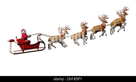 der weihnachtsmann ist bereit, Geschenke mit einem Schlitten und Rentieren zu überbringen. 3D-Rendern Stockfoto